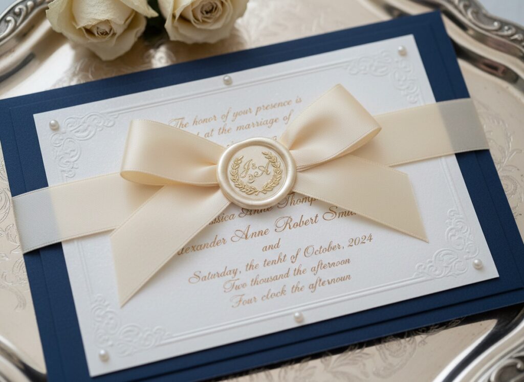 Detailaufnahme traditioneller Hochzeitseinladung mit Satinband