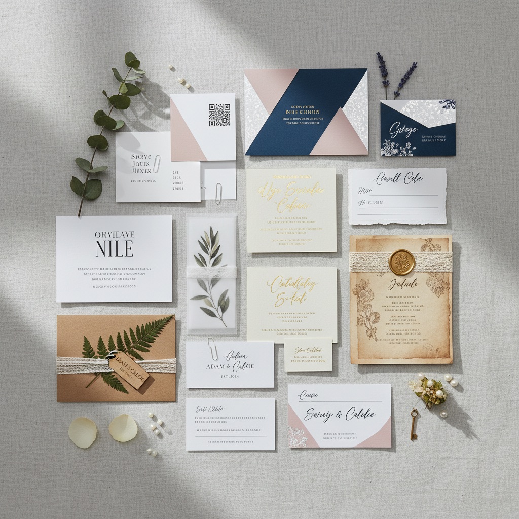Detailaufnahme verschiedener Hochzeitseinladungsstile von klassisch bis modern