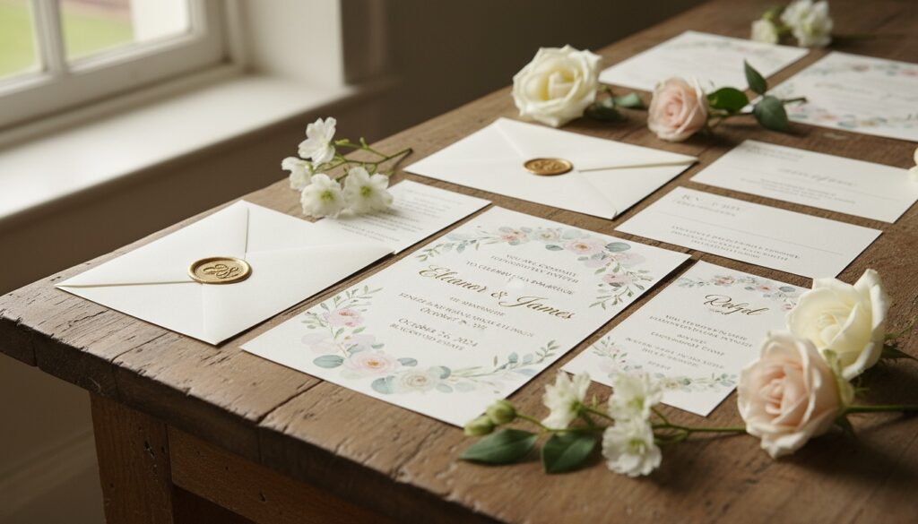 Elegante Hochzeitseinladungen auf rustikalem Holztisch mit floralen Dekorationen