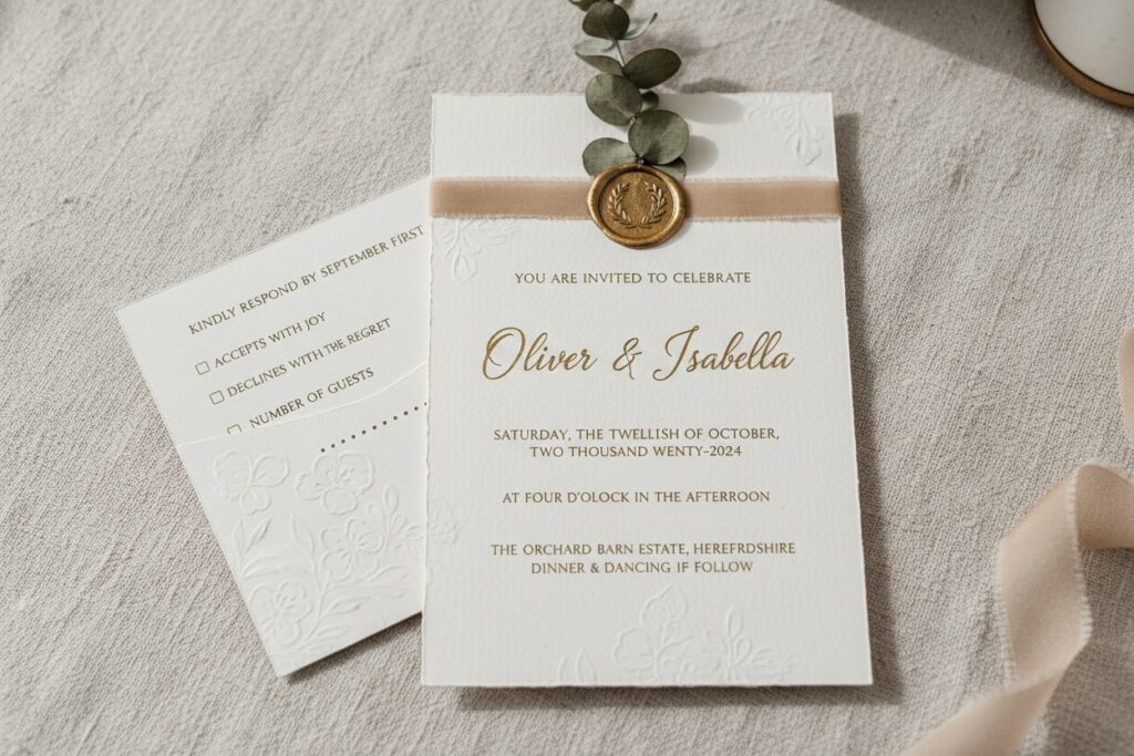 Hochzeitseinladung mit wichtigen Informationen wie Datum, Uhrzeit und Ort