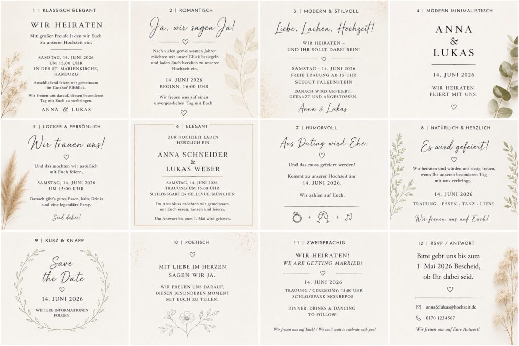 Verschiedene Textvarianten für Hochzeitseinladungen
