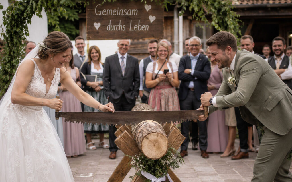 Baumstammsägen zur Hochzeit